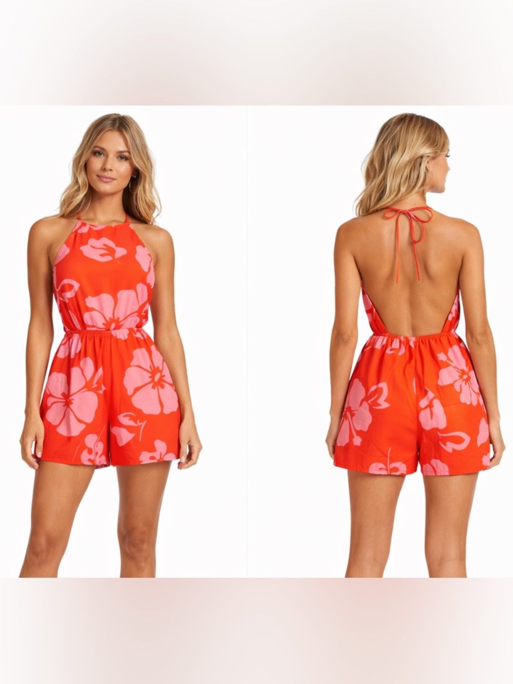 STAUD Georgia Floral Romper Red Pink Tropical Halter Cutout Resort Summer Size 8
